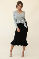 Shalon Ribbed Knit Fluted Hem Midi Skirt Antique Black
