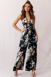 Make Me Halterneck Low Back Jumpsuit Floral Print Black