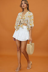 Rivera Deep-V Tie Front Crop Top Floral Print White/Yellow