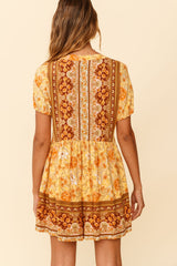Time Flies Puff Sleeve T-Shirt Romper Boho Floral Print Yellow