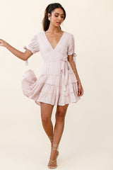 Jocelyn Short Sleeve Tied Cuff Layered Ruffle Dress Nude
