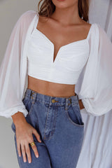 Tanner Long Sleeve Ruched Crop Top White