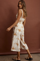 Magdalene Frill Strap Midi Jumpsuit Vintage Floral Tan