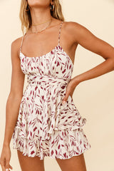 Linka Cami Strap Tie-Back Romper Leaf Print Beige