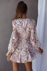 Estelle Long Sleeve V-Neckline Dress Watercolor Floral Print Rose
