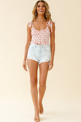 Daisy Chain Tied Shoulder Shirred Crop Top Floral Print White