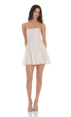 Gold Thread Strapless Fit and Flare Dress in Ivory