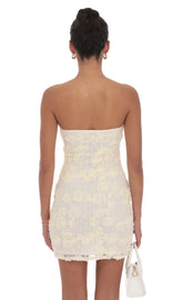 Textured Floral Strapless Dress in Cream