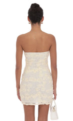 Textured Floral Strapless Dress in Cream
