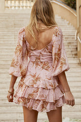 Flower Child Three Quarter Sleeve Bust Tie Ruffle Dress Lily Print Pink