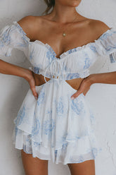 Fancy Free String Tie Cut-Out Waist Romper Floral Blue