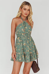 Chase Me Halterneck Mini Dress Floral Sage