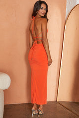 Sawyer Halterneck Strappy Back Ruched Midi Dress Tangerine