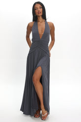 Italia Azure Gathered Waist Maxi Dress Charcoal