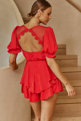 L'amour Lace Mesh Bust Puff Sleeve Romper Red