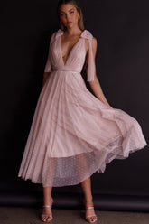 Kathryn Tied Shoulder Mesh Midi Dress Blush