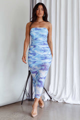 Logan Strapless Ruched Midi Dress Blue