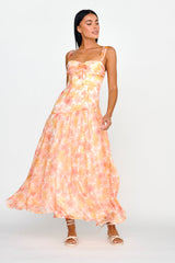 Nichola Ruched Bust Midi Dress Floral Orange