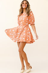 First Impressions Puff Sleeve Keyhole Back Dress Floral Print Orange/Pink