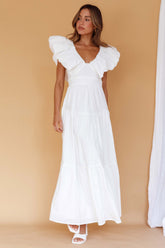 Kahlo Puffed Ruffle Neckline Maxi Dress White