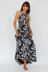 Cyndi Open Back Halterneck Maxi Dress Floral Black