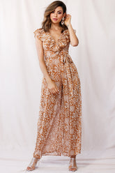 Marcia Ruffle Strap Wide Leg Jumpsuit Tan