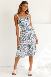 Magdalene Frill Strap A-Line Midi Dress Floral Print White