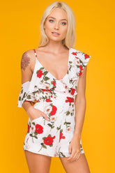 Daleyza Ruffled Floral Romper White & Red
