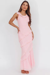 Sangria Cowl Neck Frill Maxi Dress Skin Powder