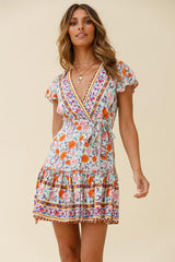 Mayan Angel Sleeve Waist Tie Wrap Dress Floral Print Mint/Pink