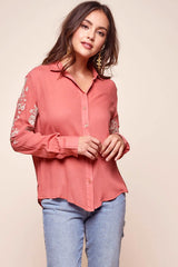 Issa Floral Sleeved Button Up Top Rust