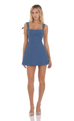Lace Trim Open Back Dress in Denim Blue
