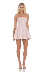 Shimmer Jacquard Strapless Flare Dress in Dusty Pink