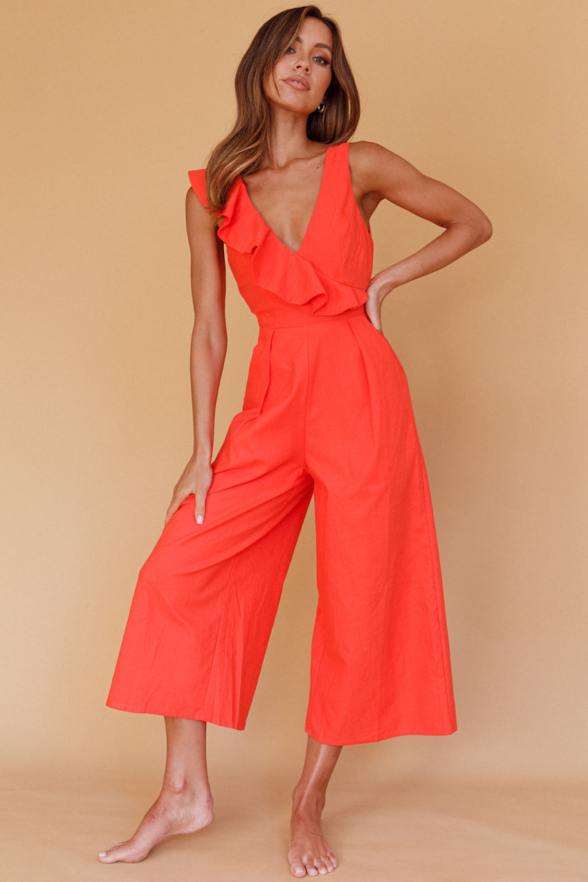 Cheryl Ruffle Strap Wide Leg Jumpsuit Tangerine