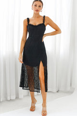 Isadora Mesh Overlay Frill Trim Neckline Midi Dress Black