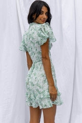 Lark High Neck Ruffle Sleeve Dress Clover Print Green