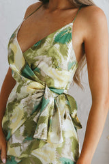 Medellin Gathered Detail Side-Tie Wrap Dress Abstract Print Lime