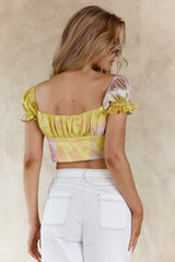 Chasing Waterfalls Double Tie Puff Sleeve Satin Crop Top Pink/Yellow