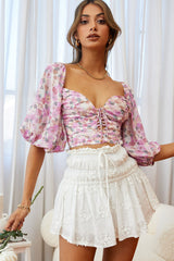 Magic Moment Ruched Tie Bust Crop Top Floral Print Purple