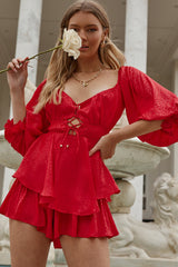 Josephina Lace-Up Front Balloon Sleeve Romper Red