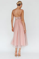 Trophy Lace Bodice Mesh Midi Dress Blush