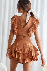 Wild And Free Pintuck Pleat And Layered Ruffle Shorts Tan