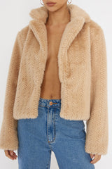 Savelle Notch Lapel Faux Fur Jacket Camel