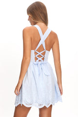 Aveline Eyelet Lace-Up Back Mini Dress Blue