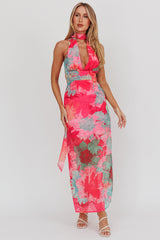 Cipriana Backless Halter Maxi Dress Floral Fuchsia
