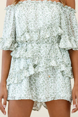 Astoria Bardot Neckline Frill Romper Floral Print Green