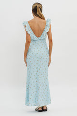 Merci Beaucoup Frill Neckline Maxi Dress Blue