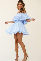 Meet Me At Sunset Bardot Neckline Frill Trim Dress Spotty Steel Blue