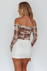 Ramona Long Sleeve Off-Shoulder Top Print Brown