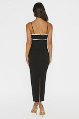 Justyna Contrast Piping Trim Midi Dress Black